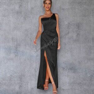 Classic Elegance Silky Satin One Shoulder Ruched Waist Formal Party Prom Dress